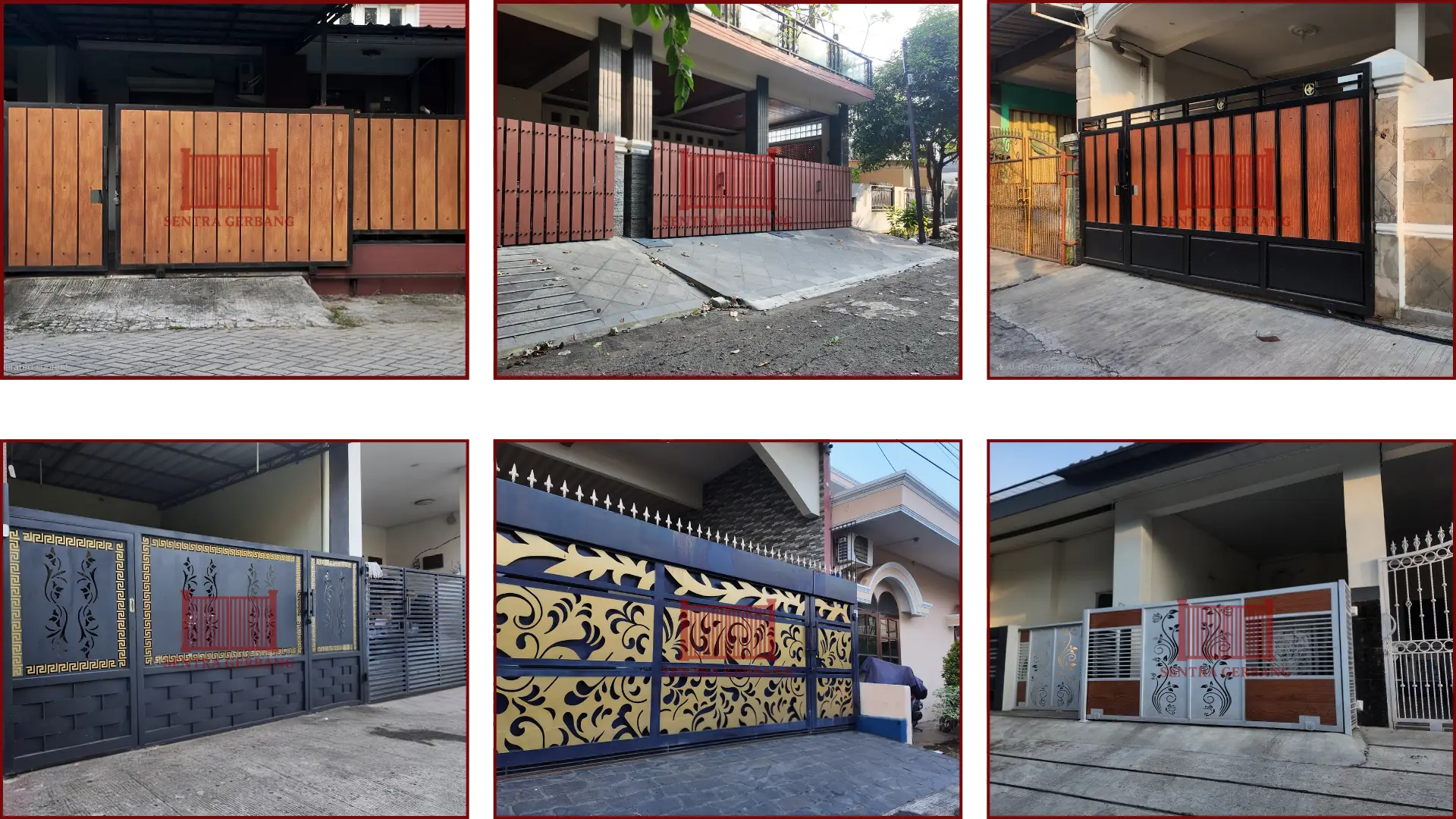 Contoh pagar rumah minimalis dan pagar besi motif custom hasil proyek Sentra Gerbang di Bekasi. Menampilkan berbagai desain pagar dorong dan pagar geser yang pernah dikerjakan untuk klien rumah tinggal.